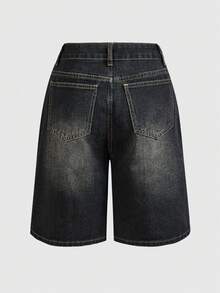 ROMWE Grunge Punk Women's Simple Print Denim Shorts - Black - View 2