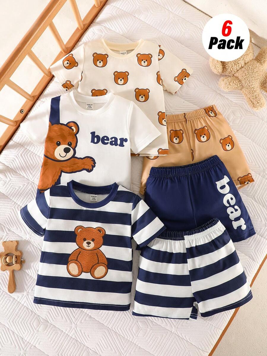 SHEIN Ensemble bébé unisexe 6 pièces, imprimé asymétrique mignon du Roi Lion, t-shirt à manches courtes et short, convient pour bébé à porter en toute occasion l'été, 3 motifs de couleurs différentes offrent plus de choix, à la mode et adorable