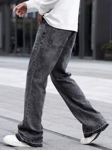 Manfinity Homme Męskie proste rozszerzane jeansy z prostymi nogawkami, swobodne do codziennego noszenia, długie rozszerzane jeansy z szerokimi nogawkami, ciemnoszare, sprane jeansy cargo z blokami kolorów, dla męża, prezenty dla chłopaka - Szary - Zobacz 6