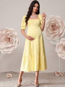 SHEIN 孕妇花卉提花方领短泡泡袖荷叶边下摆优雅连衣裙 - 黃色 - 查看 3