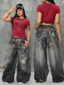 ROMWE EDITION Plus Size Women Loose Fit Chain Print Pocket Wide Leg Casual Jeans - Black - View 1