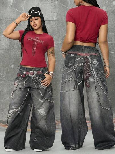 ROMWE EDITION Plus Size Women Loose Fit Chain Print Pocket Wide Leg Casual Jeans
