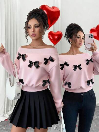 Elenzga Women's Elegant Off-Shoulder Bowknot Contrast Color Casual Sweatshirt, Suitable For Holiday, Christmas, Back To School Season, Long Sleeve, Autumn/Winter, Spring/Summer