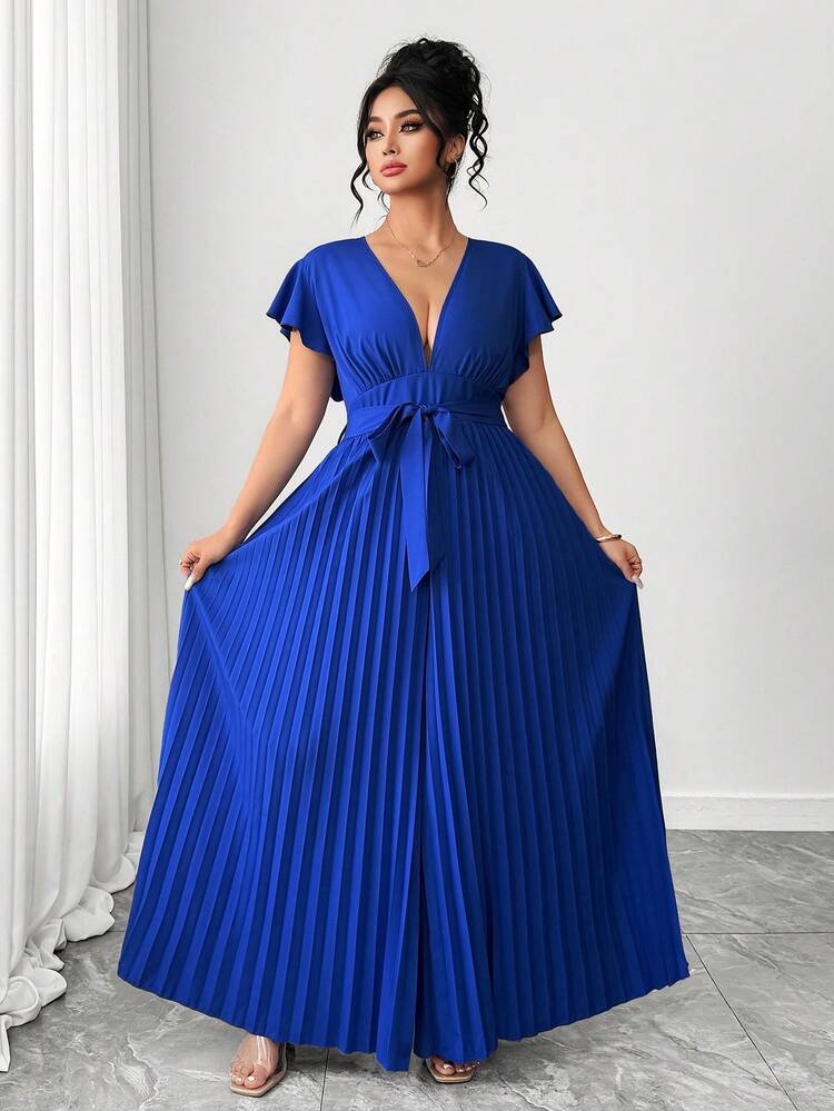 Elenzga Plus Size Royal Blue V-Neck Ruffle Sleeve Wide Leg Jumpsuit, Office Casual Outfit Royal Blue Women Blue Long Dress Summer Maxi Dress Elegant Maxi Dress Formal Blue Wedding Guest Dress Royal Blue Dress Women Elegant - Blue - View 4