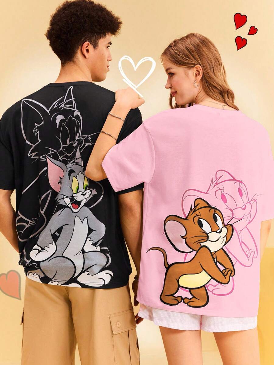 TOM & JERRY X SHEIN Women's Casual Cartoon Pattern Round Neck Short Sleeve T-Shirt, Summer - Pink - View 1
