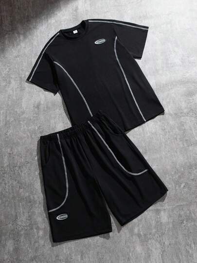 Coolqubz 2pcs/Set Teen Boy Casual White Topstitching Decor Round Neck T-Shirt & Matching Shorts Set, Fashion Suitable For Daily, Commuting, Sports Wear