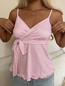 CovetEZ Women's Polka Dot Tie Waist Design Fashionable Versatile Date Party Camisole Top - Pink - View 5