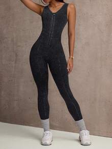 Dewbera 1pc Women's Seamless Sleeveless Washed Matte Textured Contoured Slimming Yoga Running Fitness Exercise Base Layer Cropped Jumpsuit - Black - View 6