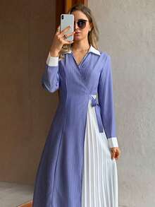 Elyressa Long Blue And White Woven Dress With Lapel And Pleated Design For Ladies - Blue and White - View 4