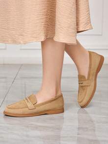 Sleekvia Women's Casual Round Toe Slip-On Soft Knit Upper Contrast Color Mary Jane Style Flat Shoes, Versatile For Vacation & Leisure Valentine's Day - Khaki - View 5