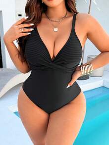 Swim Vcay Áo tắm liền thân cỡ lớn dành cho nữ, chất liệu vải gân màu đen với thiết kế phối màu đen, cổ tròn, thích hợp cho mùa hè đi biển và nghỉ mát. - màu đen - Xem 3