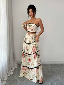 SHEIN Raffinéa 2pcs Elegant Holiday Strapless Top And Skirt Set For Women, Spring/Summer - Apricot - View 4