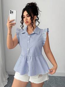 Elenzga Camisa azul a rayas con lazo en la espalda, elegante, de moda, casual, para vacaciones y para ir al trabajo - Azul - Ver 7