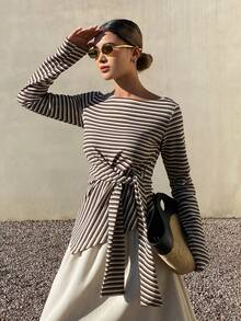 Livesso Women's Casual Asymmetrical Hem Tie Front T-Shirt Long Sleeve - Coffee Brown - View 3