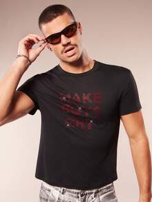 FeverCity Men's Casual Hip-Hop Rhinestone Embellished Short Sleeve T-Shirt - Black - View 4