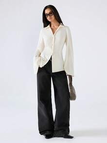 LYSMO Áo sơ mi dài tay cài nút, màu trơn, kiểu dáng thường ngày dành cho nữ. - trắng - Xem 6