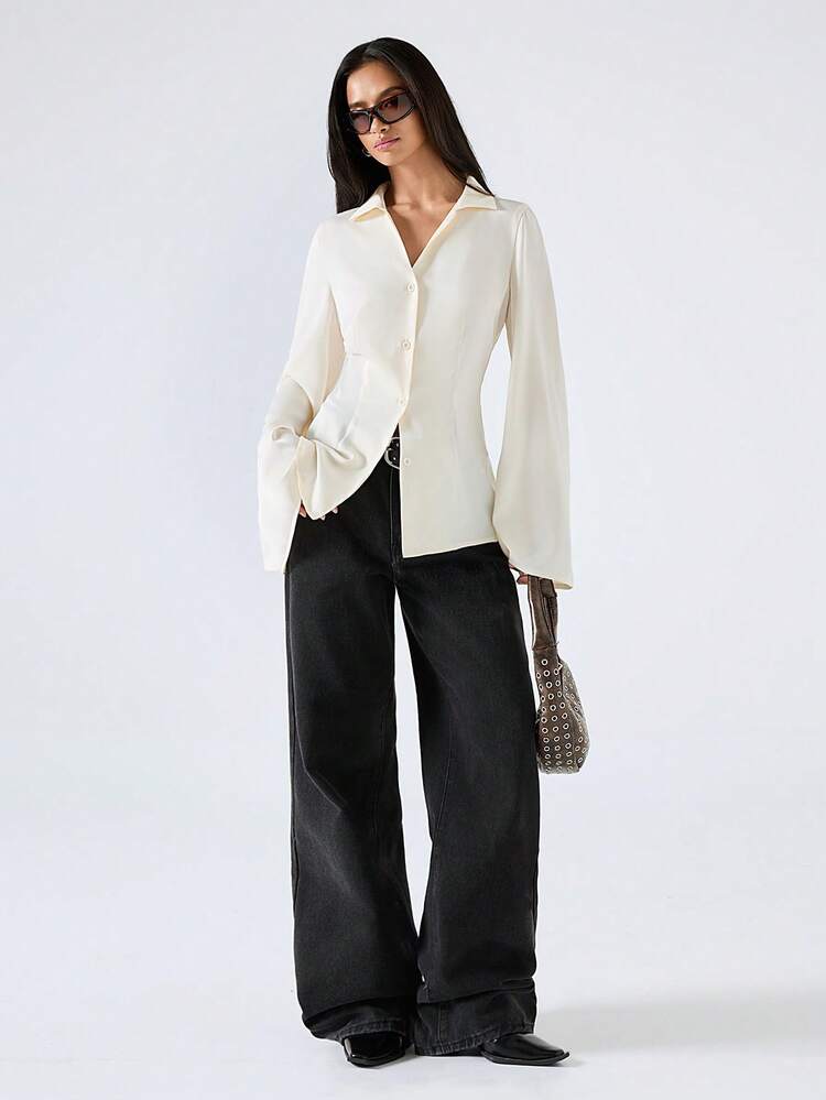 LYSMO 女士休闲纯色系带纽扣长袖衬衫 - 白色 - 查看 6