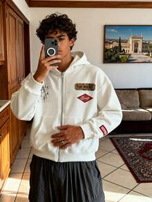 SWAVVY Men's Casual Zip-Up Hoodie Sweatshirt With Screen Print, Loose Fit, Spring/Autumn - Light Yellow - View 2