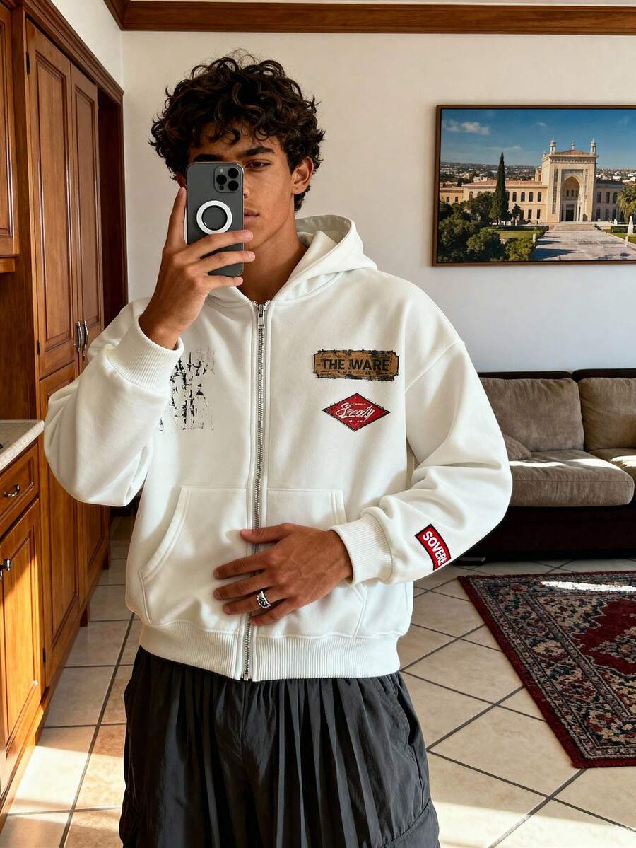 SWAVVY 男士休闲拉链连帽衫，带丝网印花，宽松版型，春秋季 - 淡黃色 - 查看 1