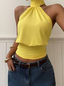 Muchica Yellow Knit Halter Neck Women's Sleeveless Cropped Fashionable Top - Yellow - View 5