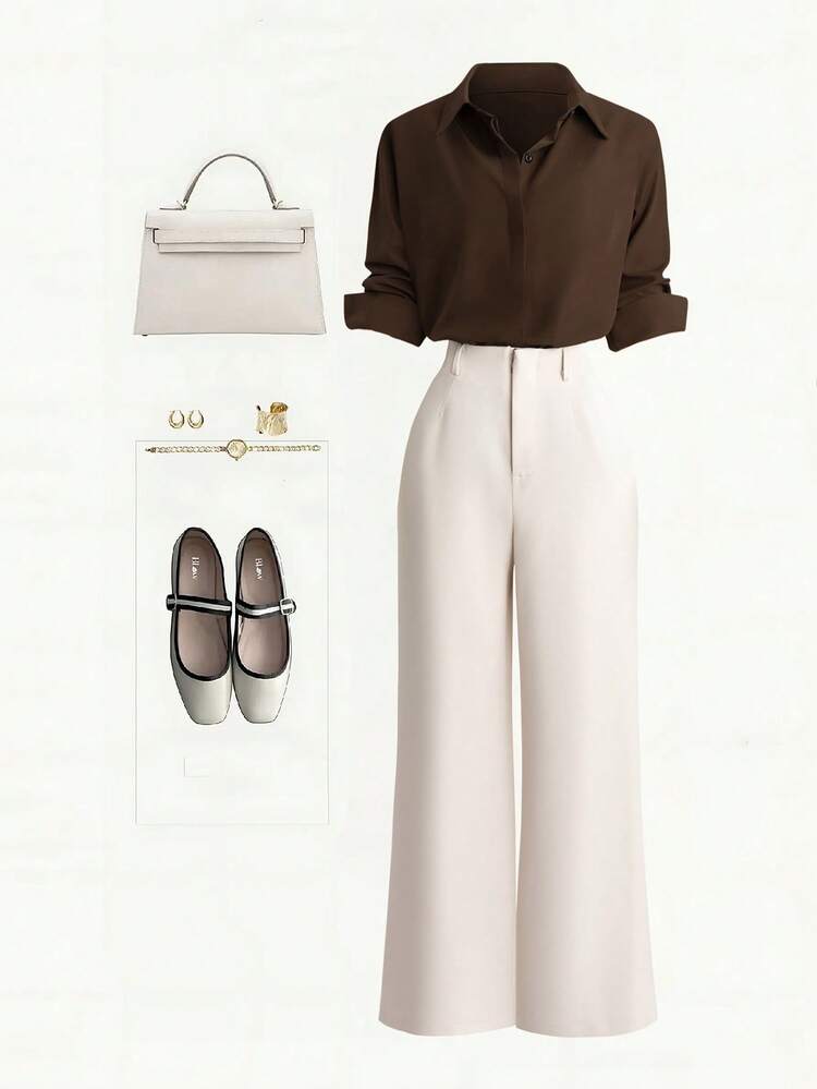 SHEIN Franclia Completo da donna composto da camicia a maniche lunghe monopetto in tinta unita e pantaloni casual a gamba dritta, adatto per l'ufficio - Cachi - Visualizzare 1