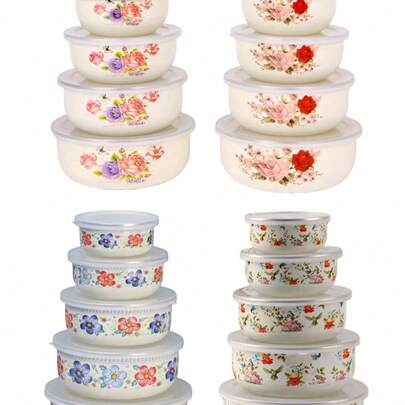 5 pièces Ensemble de boîtes hermétiques émaillées multicolores, capacité 10/12/14/16/18, bols de rangement alimentaire pour fruits et légumes, boîtes rondes avec couvercle, boîtes à lunch réutilisables, bols à soupe/salade élégants en émail, convient pour l'école, le camping, le pique-nique, le bureau