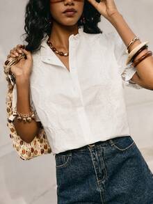 Poéselle 女士夏季休闲纯色蕾丝边泡泡袖衬衫 - 白色 - 查看 4