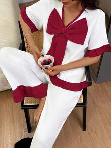 Dream Adore Conjunto de pijama para niñas con cuello en V con lazo, manga corta y volantes de color contrastante - Multicolor - Ver 5