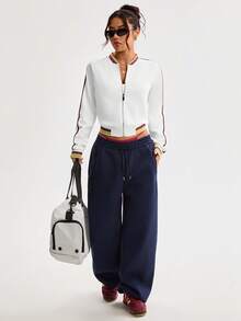 Dewbera Women's Casual Contrast Striped Sports Jacket - White - View 5