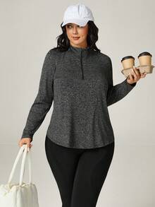 Auralis Plus Size Halv Zip Sports Långärmad T-shirt - Grå - Visa 7