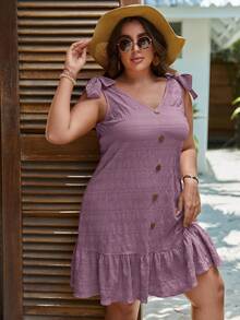 SHEIN LUNE Plus Tie Shoulder Fake Button Ruffle Hem Summer Outfits Dress - Purple - View 4