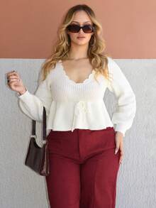 Arliah Scallop Trim Tie Front Peplum Sweater,Long Sleeve Tops,Knitted Sweater In Fall/Winter - Beige - View 5
