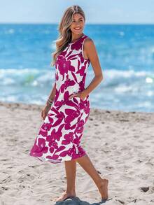 春夏款花卉印花无袖 A 字中长连衣裙，带口袋 - 玫紅色 - 查看 4