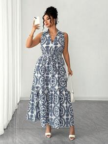 SHEIN Elenzya Elenzga 大码优雅花卉V领长款连衣裙，适合度假/旅行 - 藍色 - 查看 3