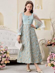 SHEIN 少女优雅灯笼袖提花拼接泡泡公主裙 - 薄荷綠 - 查看 3