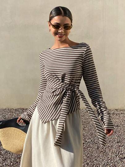 Livesso Women's Casual Asymmetrical Hem Tie Front T-Shirt Long Sleeve