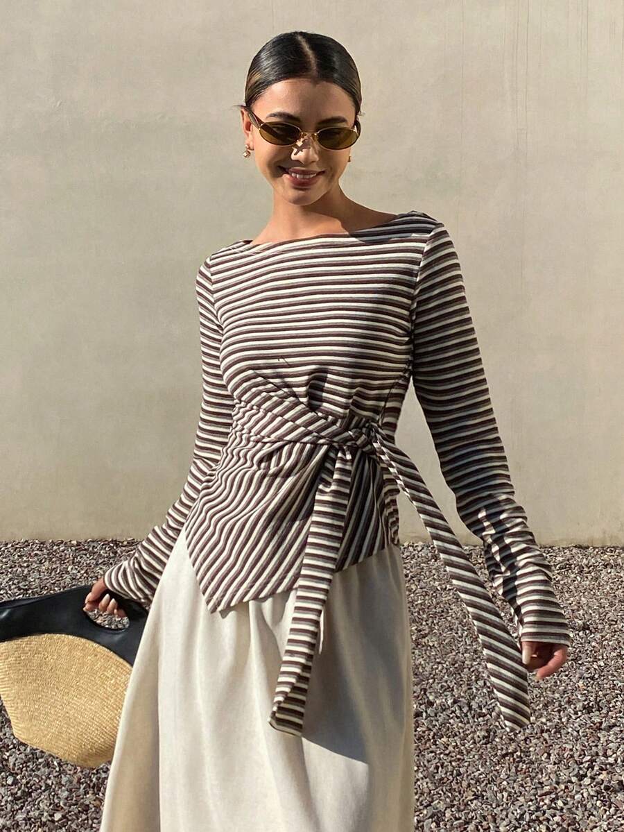 Livesso Women's Casual Asymmetrical Hem Tie Front T-Shirt Long Sleeve - Coffee Brown - View 1