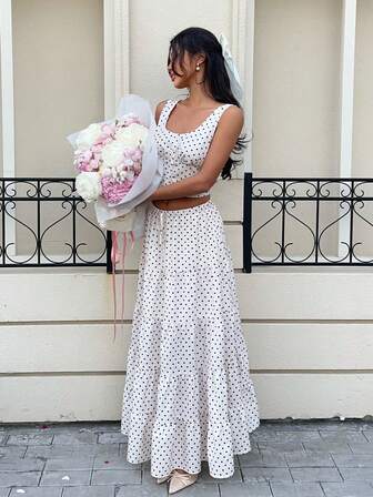 MainGRL ملابس علوية نسائية ذات نقشة نقاط وتنورة ذات خصر مربوط بسحاب، طقم أزياء عصري للتنزه والمناسبات