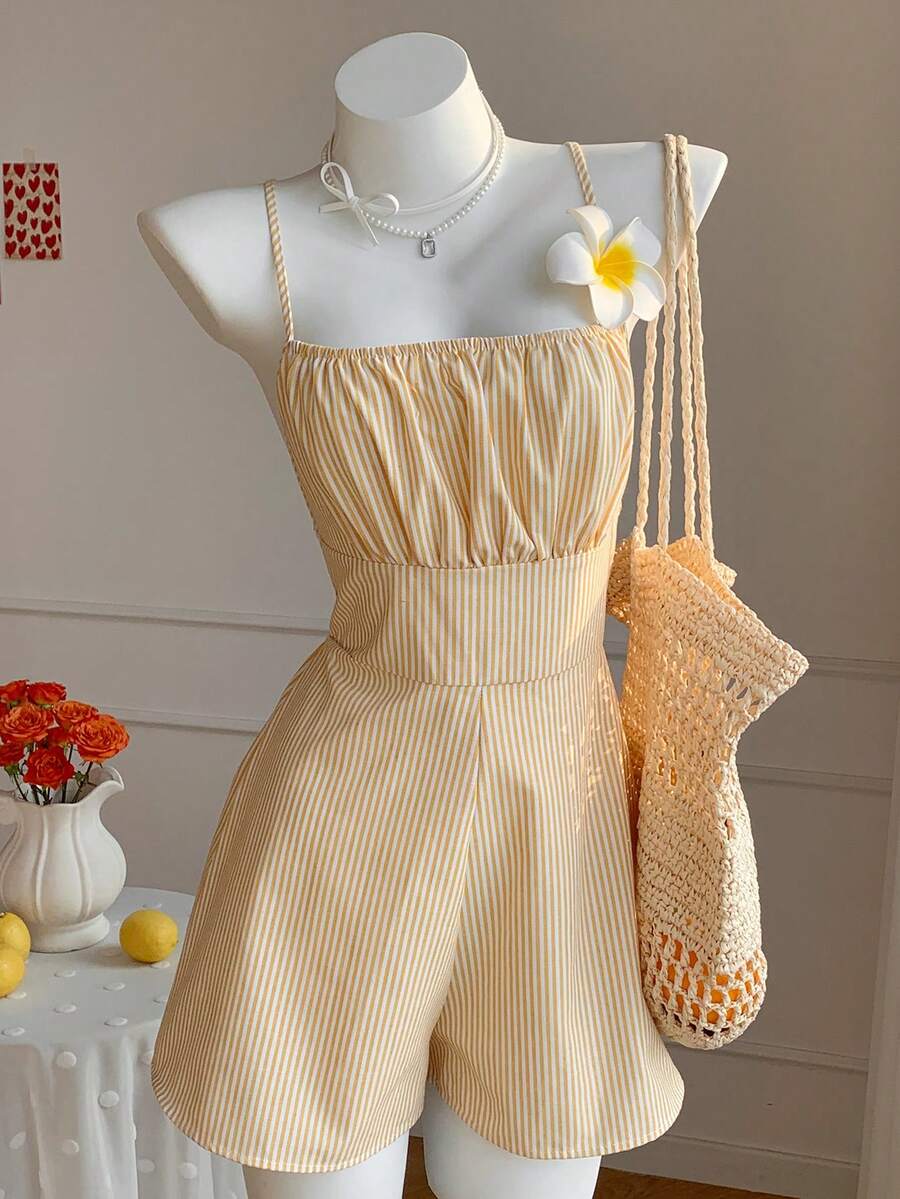 SHEIN EZwear Women's Casual Striped Backless Jumpsuit, Spring/Summer - Yellow - View 1