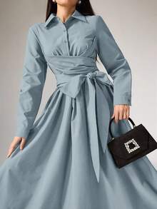 Heiryn 女士纯色长袖腰部扭结系带衬衫裙 - 薄荷藍 - 查看 1