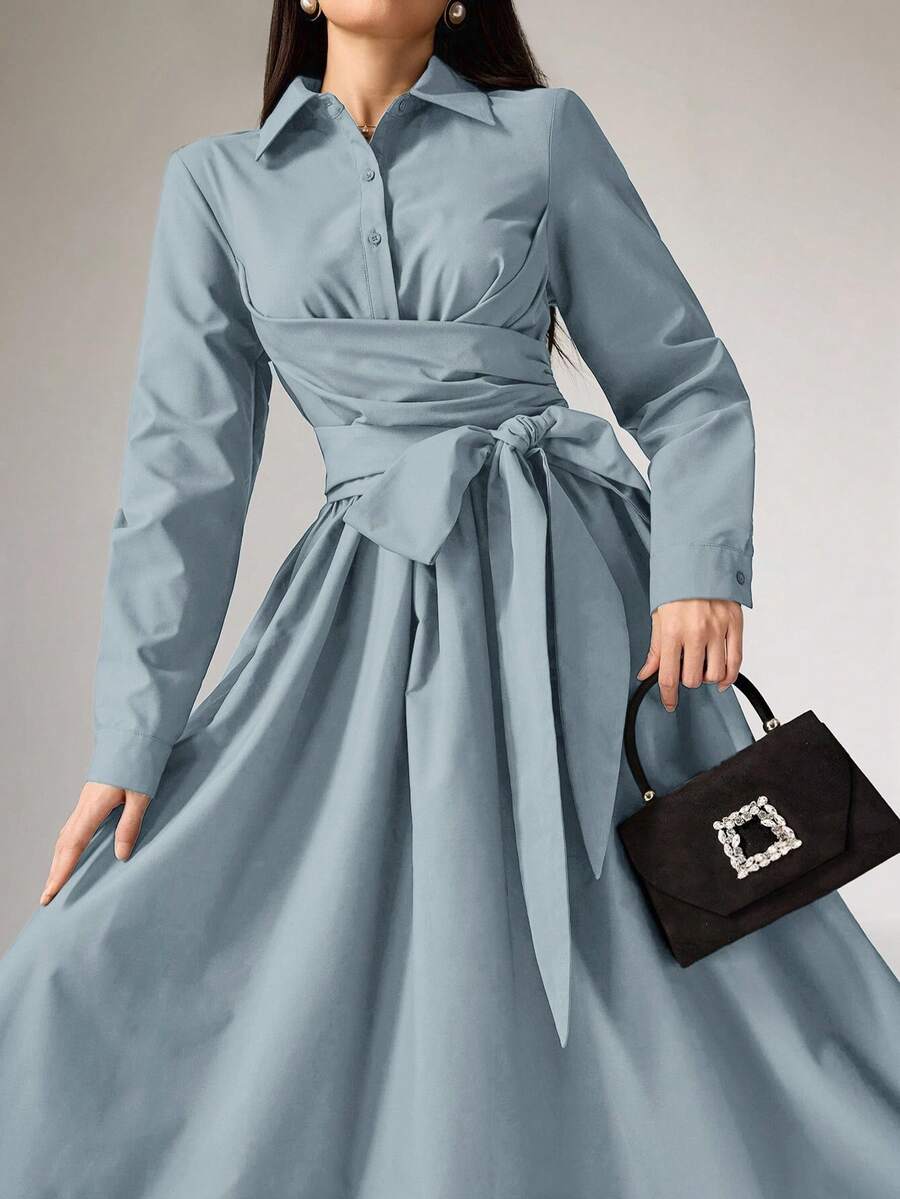 Heiryn 女士纯色长袖腰部扭结系带衬衫裙 - 薄荷藍 - 查看 1