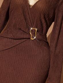 Rometta Plus Size Women Summer Elegant Brown Knitted Bodycon Dress,Autumn Long Sleeve V-Neck Metal Button Dinner Dress, Textured Twist Knot Split Design - Coffee Brown - View 1