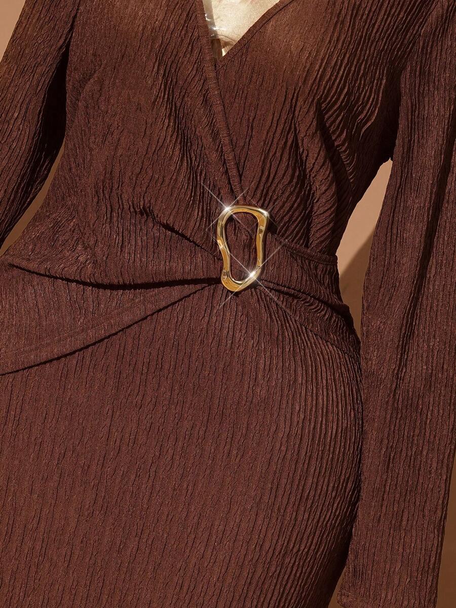 Rometta Plus Size Women Summer Elegant Brown Knitted Bodycon Dress,Autumn Long Sleeve V-Neck Metal Button Dinner Dress, Textured Twist Knot Split Design - Coffee Brown - View 1