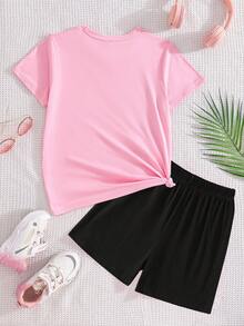 GraphicGems 两件套女童休闲粉色豹纹蝴蝶结设计套装，粉色短袖圆领T恤搭配黑色短裤，适合夏季穿着，时尚舒适，适合青少年女孩，也适合春、秋、冬三季日常休闲和居家穿着，可爱 - 粉色 - 查看 3