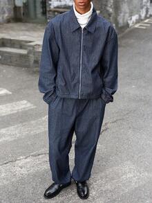 Manfinity EMRG 男士休闲条纹蓝色牛仔套装 - 深色水洗藍 - 查看 6