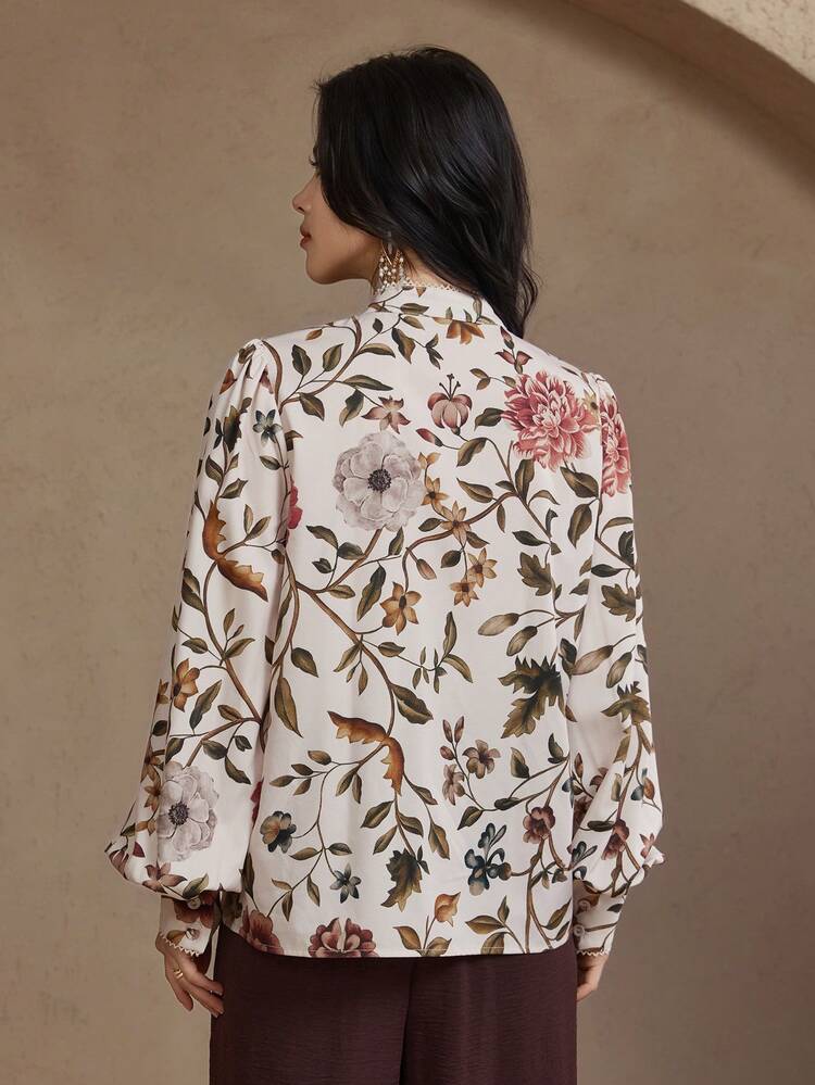 Women's Elegant Floral Print Stand Collar Puff Sleeve Lace Patchwork Blouse, Spring/Summer Long Sleeve