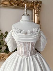 Lovelzi Elegant, Romantic, Fashionable White Lace Fabric Organza Ruffle Hem, 3D Floral Decor, Off-Shoulder, A-Line Silhouette, Elegant Party Dress, Wedding Guest Dress, White Maxi Dress, Bachelorette Party Dress, Prom Dress, Bridal Shower Dress