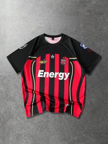 ROMWE MEN Prep Men's Letter & Stripe Print Round Neck Casual Short Sleeve T-Shirt - Black - View 8