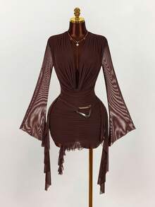 Amplova 女士长袖绿色修身无袖网纱迷你连衣裙，荷叶边设计和挂脖领口，适合秋冬季、新年、圣诞节、万圣节、情人节等场合的派对礼服 - 棕色 - 查看 3