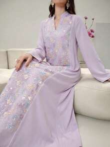 Al Najma Đầm maxi thêu, dệt jacquard, đính cườm - Áo dài truyền thống Thổ Nhĩ Kỳ và Ả Rập dành cho phụ nữ - Màu tím hoa cà - Xem 7